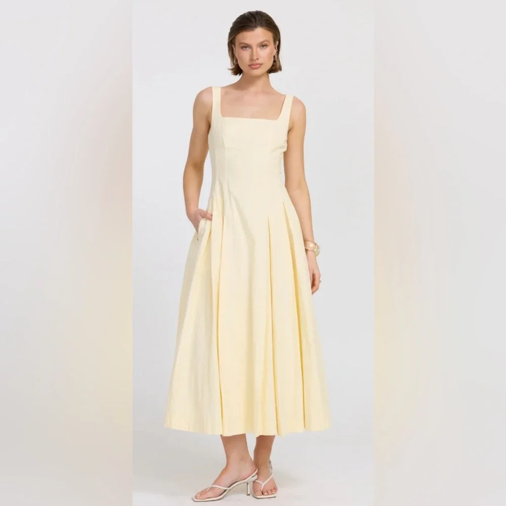 Sleeveless Square-Neck Midi Dress in Pale Yellow - Picture 1 of 15